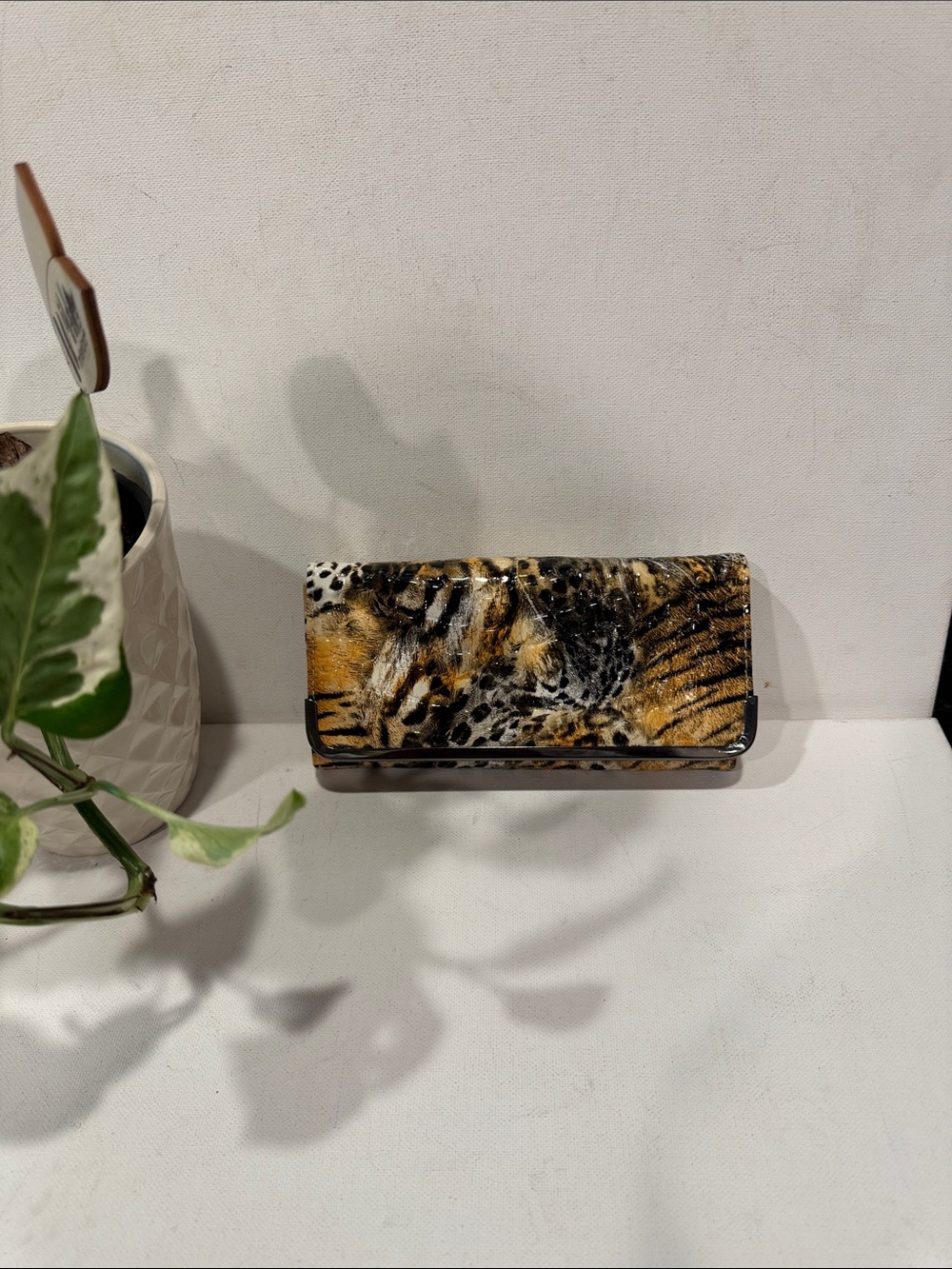 Faux Leather Leopard-Print Wallet Clutch in Yellow Brown